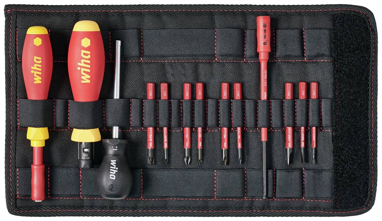 Ein Satz Schraubendreher in einer schwarzen Tasche mit mehreren Fächern. Die Griffe sind rot-gelb und der Name 'Wiha' ist sichtbar.