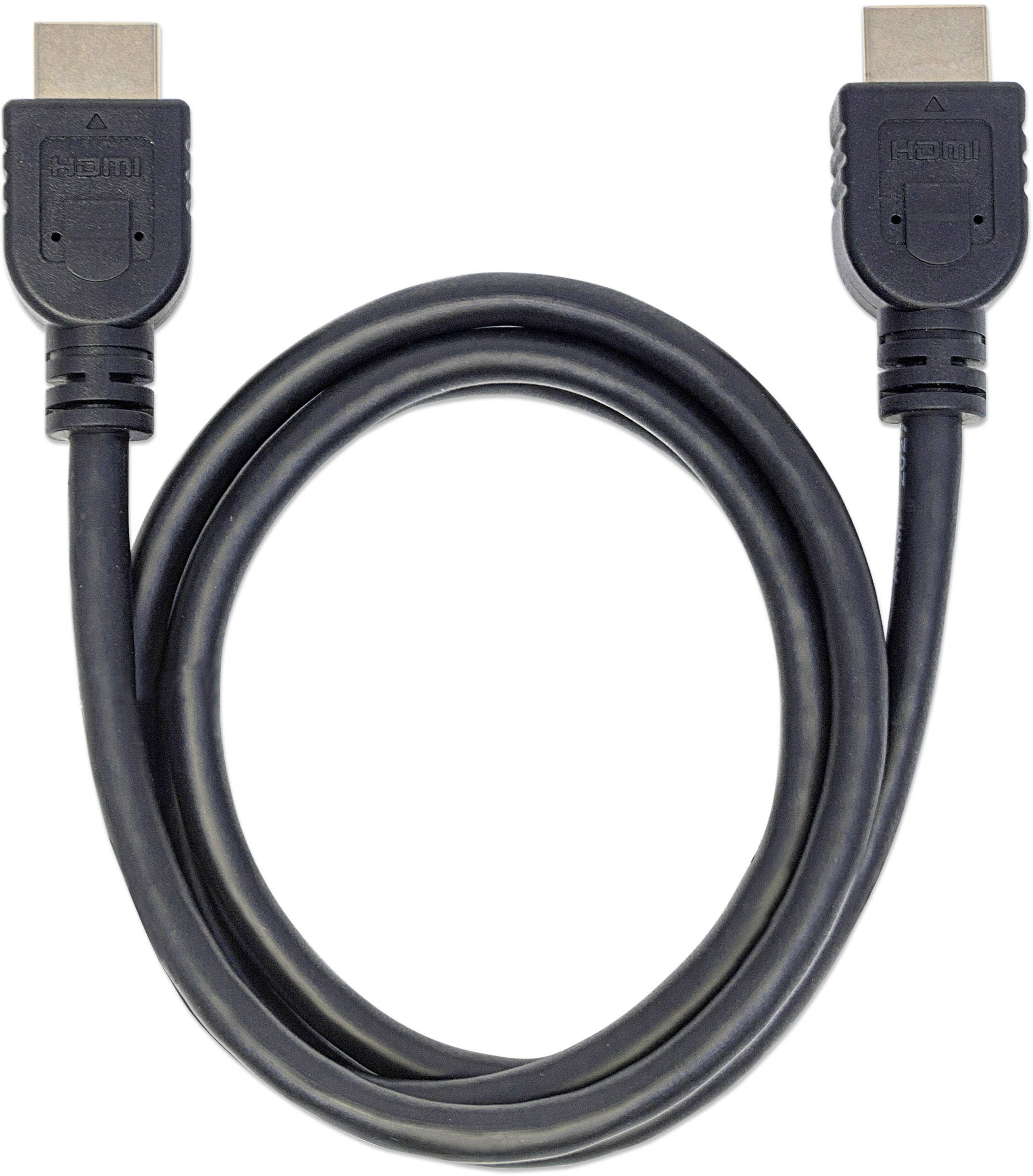Ein schwarzes HDMI-Kabel mit zwei HDMI-Steckern an beiden Enden liegt in einer Schleifenform.