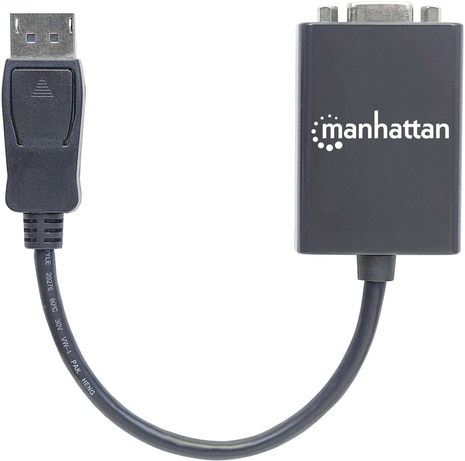 'Manhattan'-Adapter mit USB-Stecker links und VGA-Stecker rechts, verbunden durch ein kurzes Kabel. Dient zum Konvertieren von USB zu VGA.