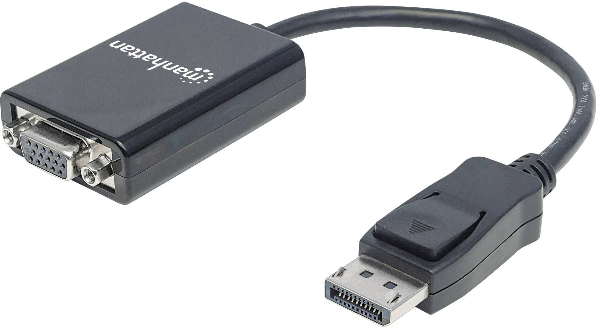 Ein schwarzer DisplayPort-zu-VGA-Adapter von Manhattan, der einen Computer mit einem Monitor verbindet.