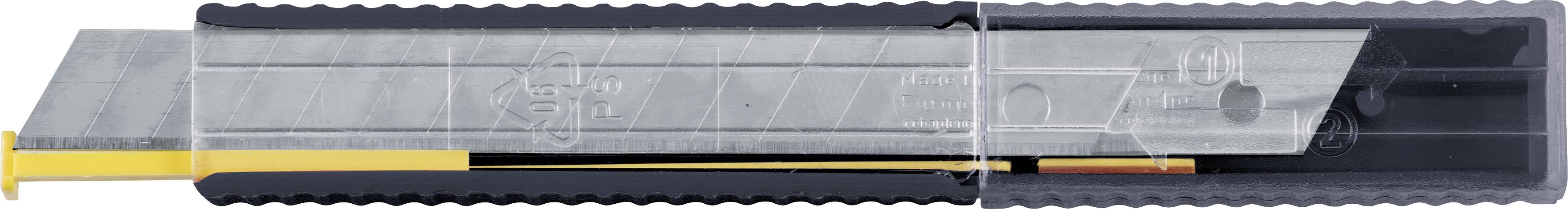 Ein Metall-Cuttermesser mit grauer Klinge und schwarzem Griff, Klinge teilweise ausgefahren.