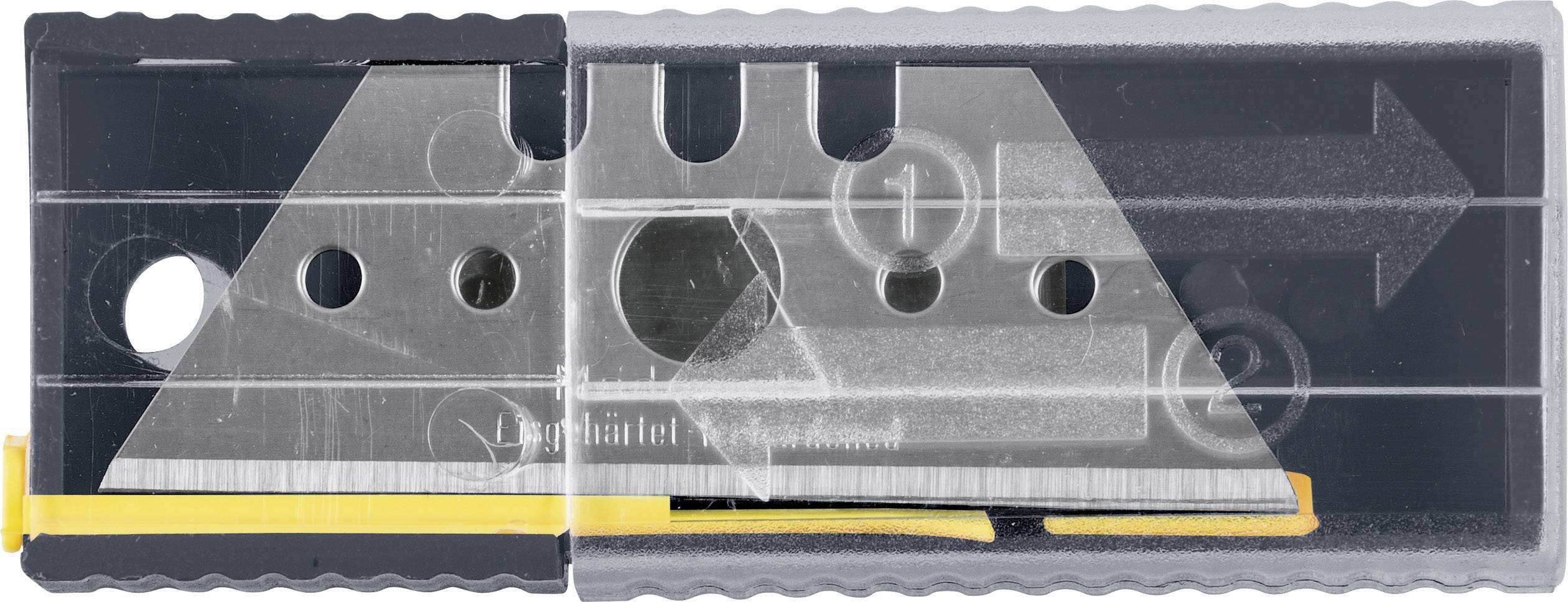 Ein Set von Ersatzklingen in einer transparenten, rechteckigen Verpackung. Die Klingen haben Löcher zur Befestigung im Werkzeug.
