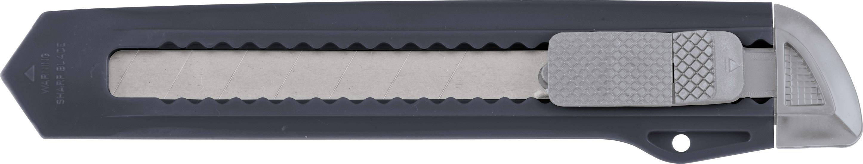 Grauer Universalmesser mit einem ausziehbaren, gezackten Metallklingen zur Verwendung beim Schneiden von Papier oder Karton.