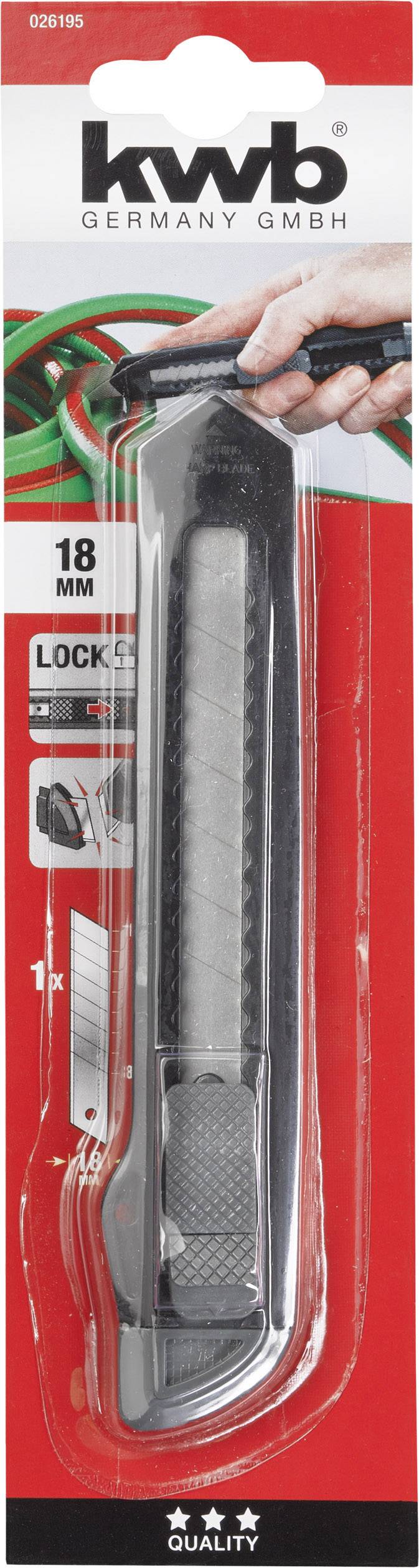 Das Bild zeigt ein 'KWB' Cutter-Messer in einer roten Verpackung. Aufschrift: '18 mm Lock-System, inkl. Klinge'.