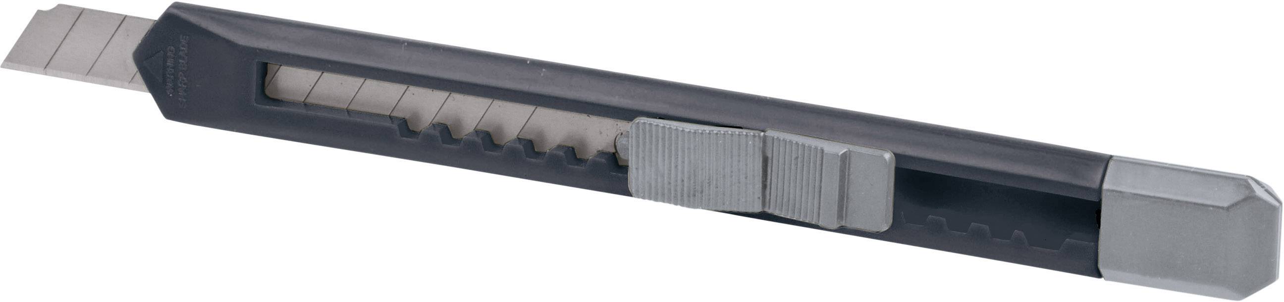 Schwarz-grauer Cutter mit ausfahrbarer Klinge und Rastmechanismus, geeignet zum Schneiden von Papier oder Pappe.