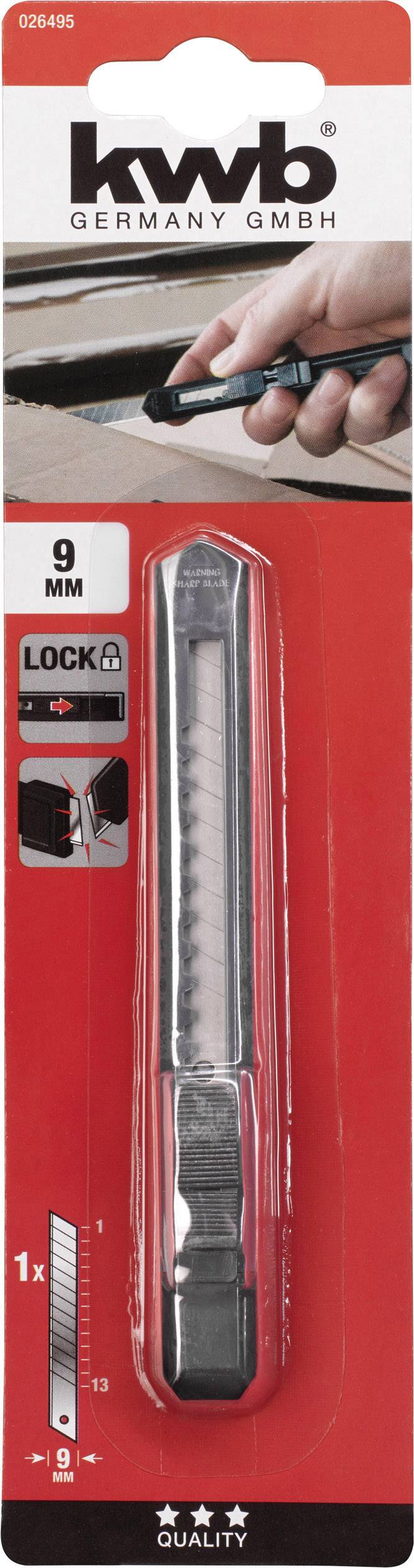 Verpackung eines 9-mm-Cuttermessers mit Sicherheitsverriegelung. Rote Hintergrundfarbe, Markenname oben, Produktabbildung unten.