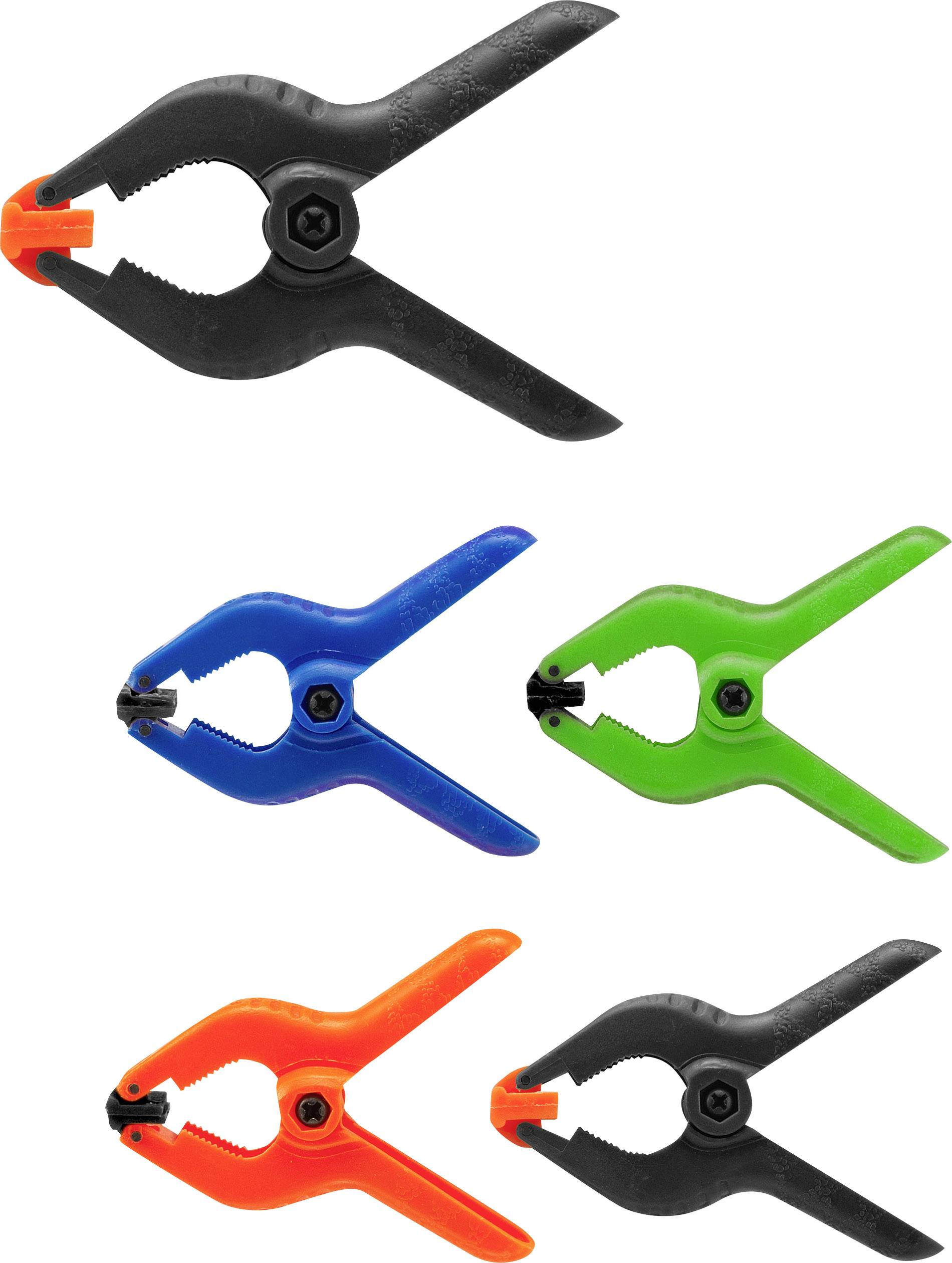 Fünf verschiedene Federklemmen in Schwarz, Blau, Grün und Orange. Sie sind in unterschiedlichen Positionen angeordnet.