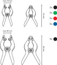 Zange in vier Ansichten: oben geschlossen und offen, unten beide offen, Größenangaben rechts. Dient zur Illustration der Maße.