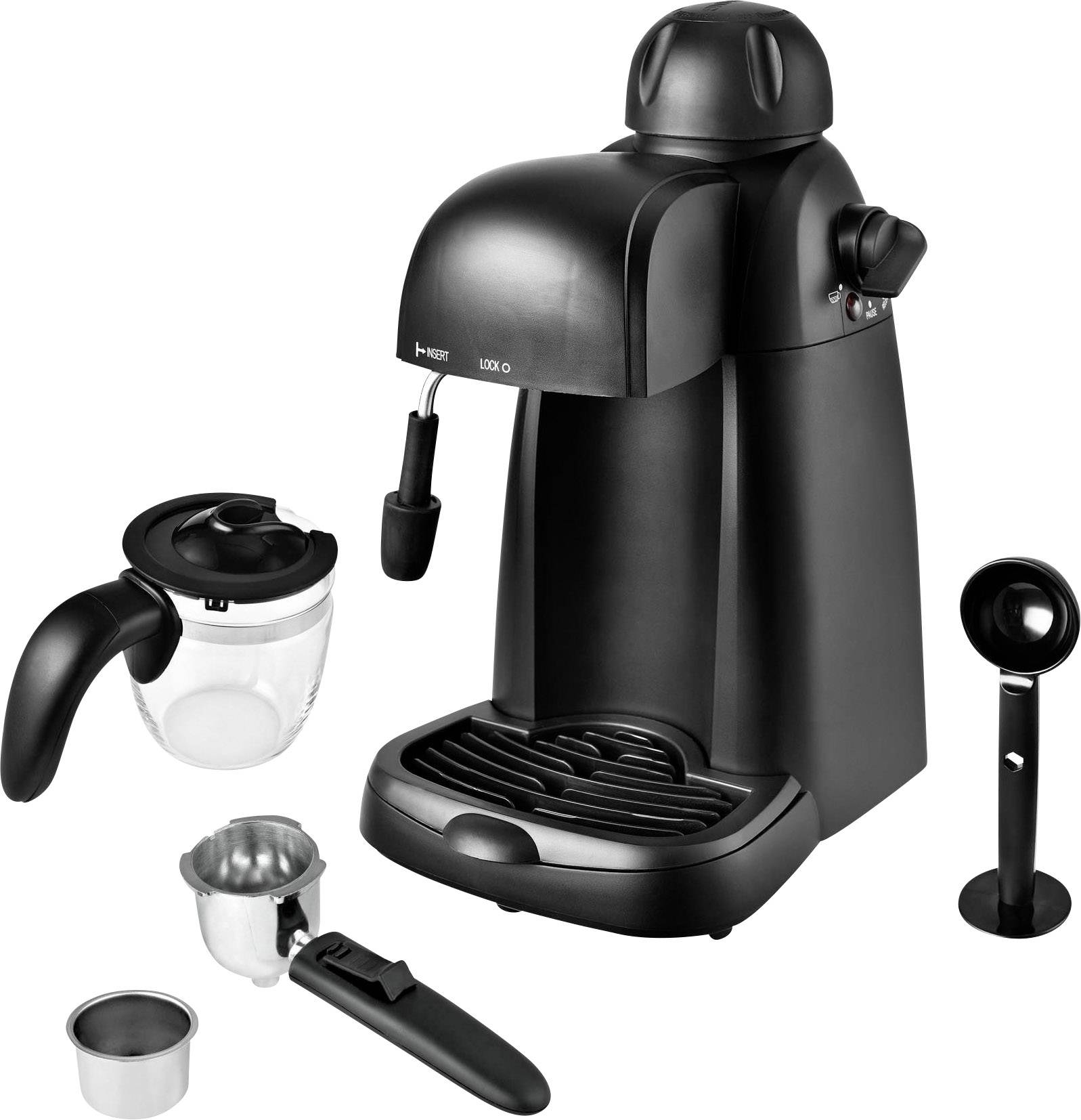 TKG Team Kalorik TKG EXP 1000 Espressomaschine mit Siebträger Schwarz 800W Glaskanne, mit Druckbrühsystem, mit Milchaufschäumdüse