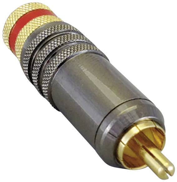 Ein einzelner, metallischer Cinch-Stecker mit einem roten Ring und einem goldfarbenen Anschluss, typischerweise für Audioverbindungen verwendet.