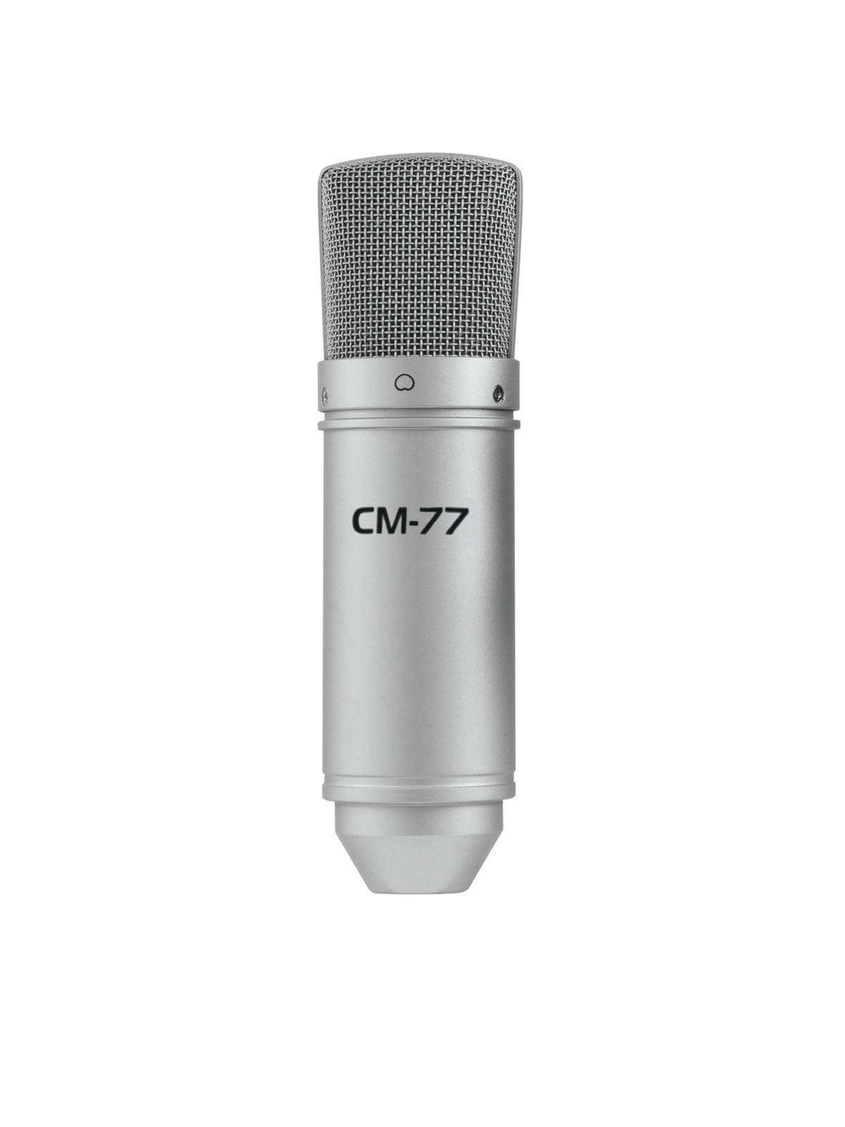 Silbernes Studio-Kondensatormikrofon mit der Aufschrift 'CM-77', geeignet für professionelle Audioaufnahmen.