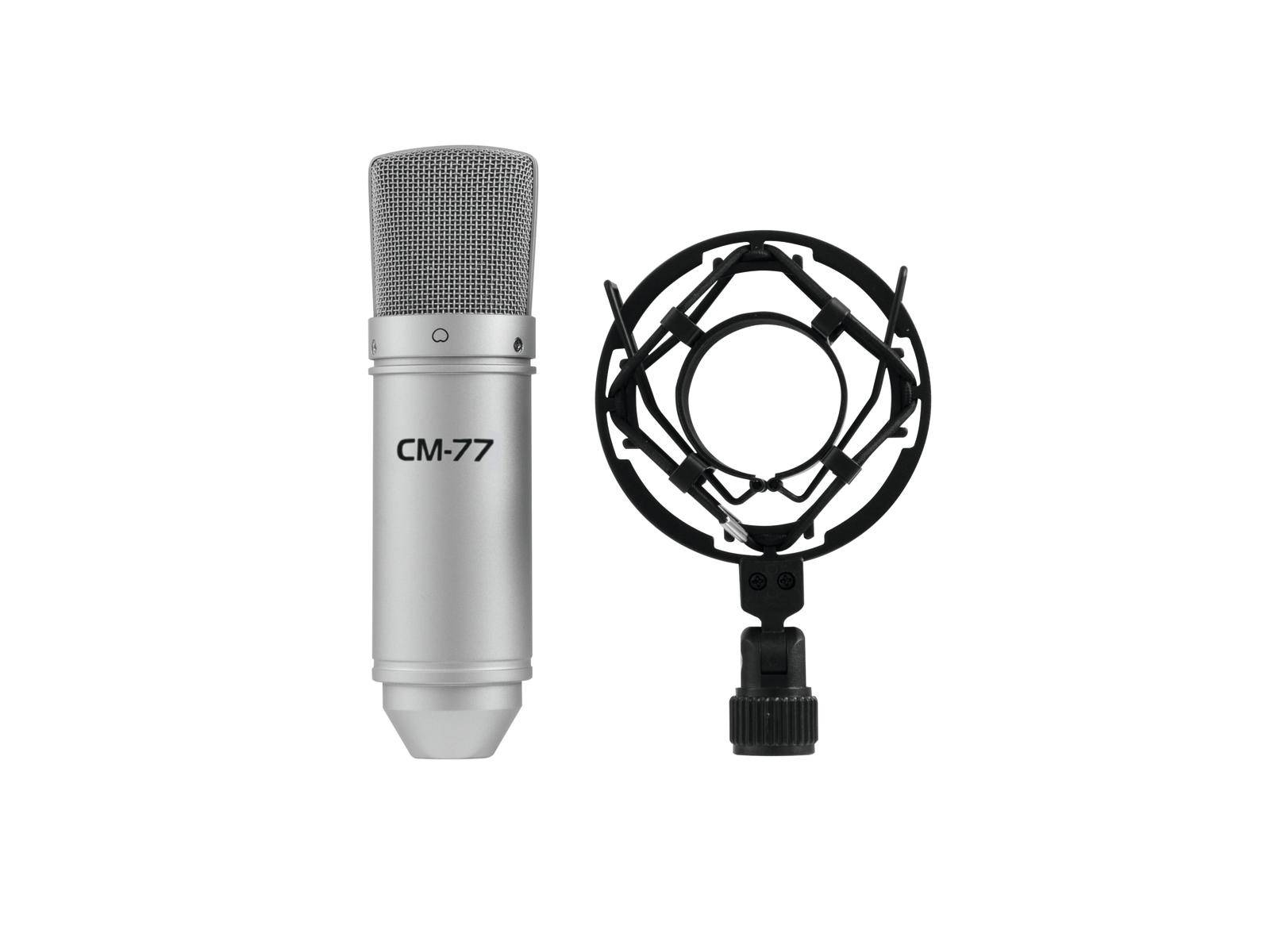 Ein silbernes Mikrofon mit der Aufschrift 'CM-77' steht neben einer Mikrofonhalterung.
