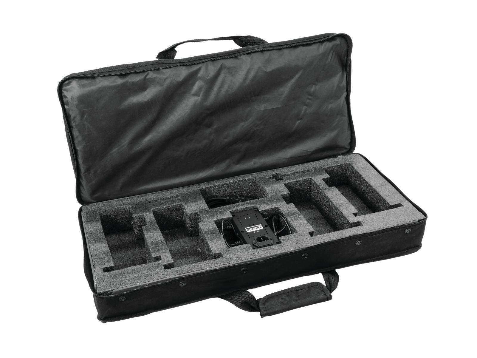 Eine offene schwarze Tragetasche mit Schaumstofffächern zum sicheren Transport von elektronischen Geräten und Zubehör.