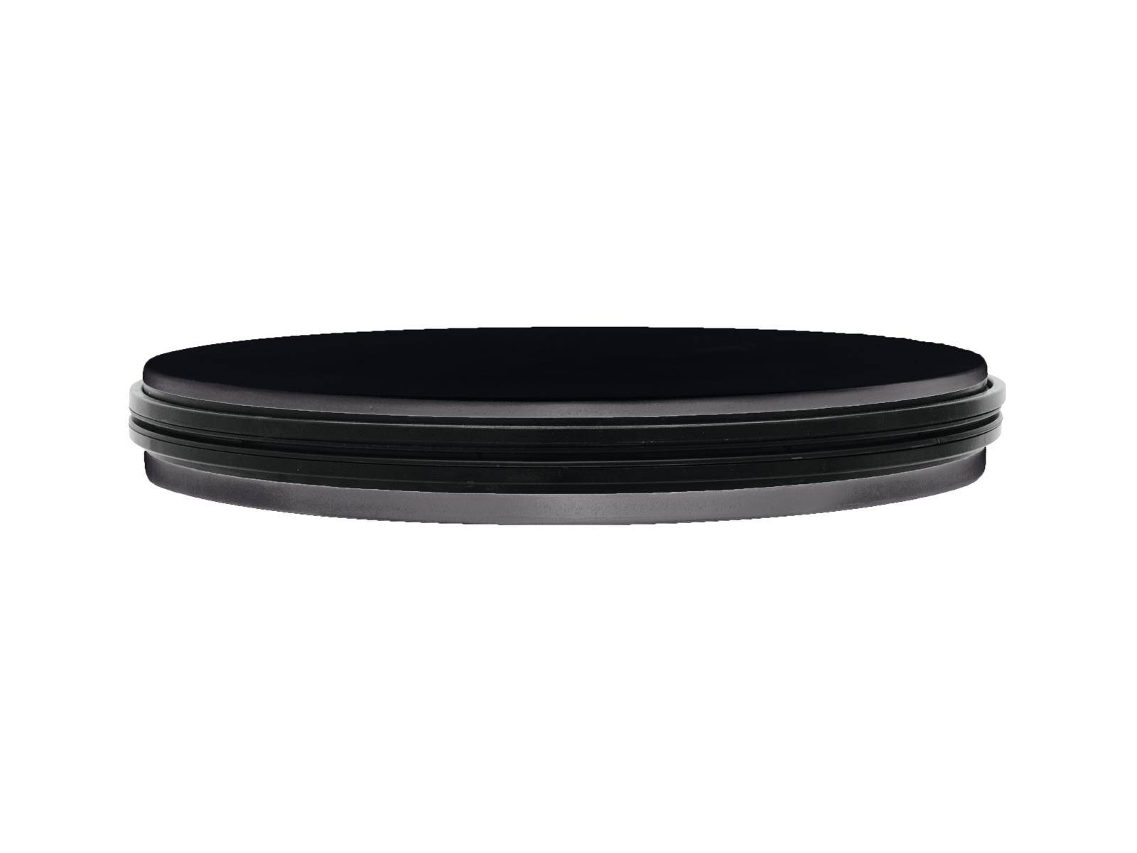 Schwarzer runder ND-Filter auf weißem Hintergrund, dient zur Reduzierung der Lichtmenge, die in eine Kamera eintritt, für längere Belichtungen.