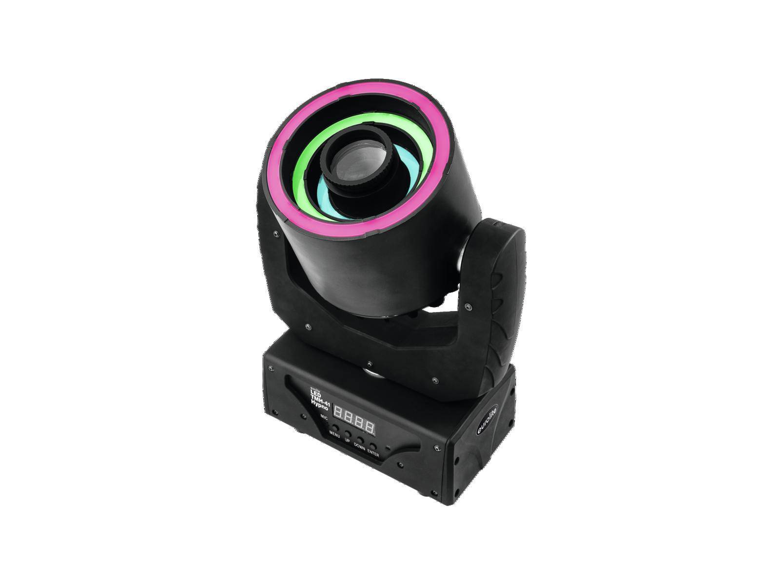 Ein schwarzer LED-Scheinwerfer mit einem hellen Ring aus farbigen Lichtern um das Objektiv. Geeignet für Bühnen- und Partybeleuchtung.