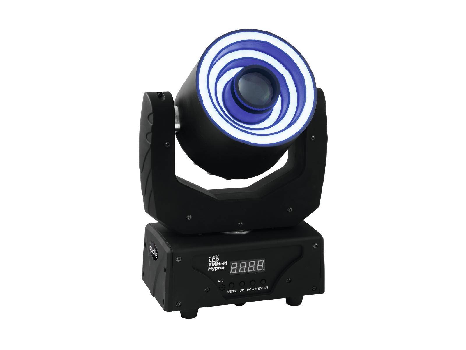 Ein schwarzer LED-Lichteffekt mit blauem Ring steht auf einem Gestell. An der Vorderseite befindet sich ein digitales Display.