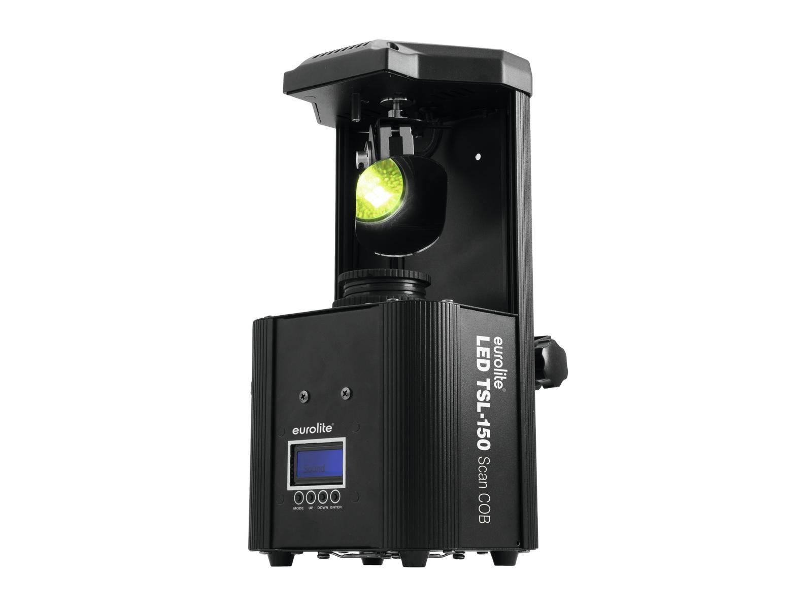 'Eurolite LED TS-150 Scan COB' ist ein Beleuchtungsgerät mit LED-Technologie, schwarzem Gehäuse und digitalem Display zur Steuerung.