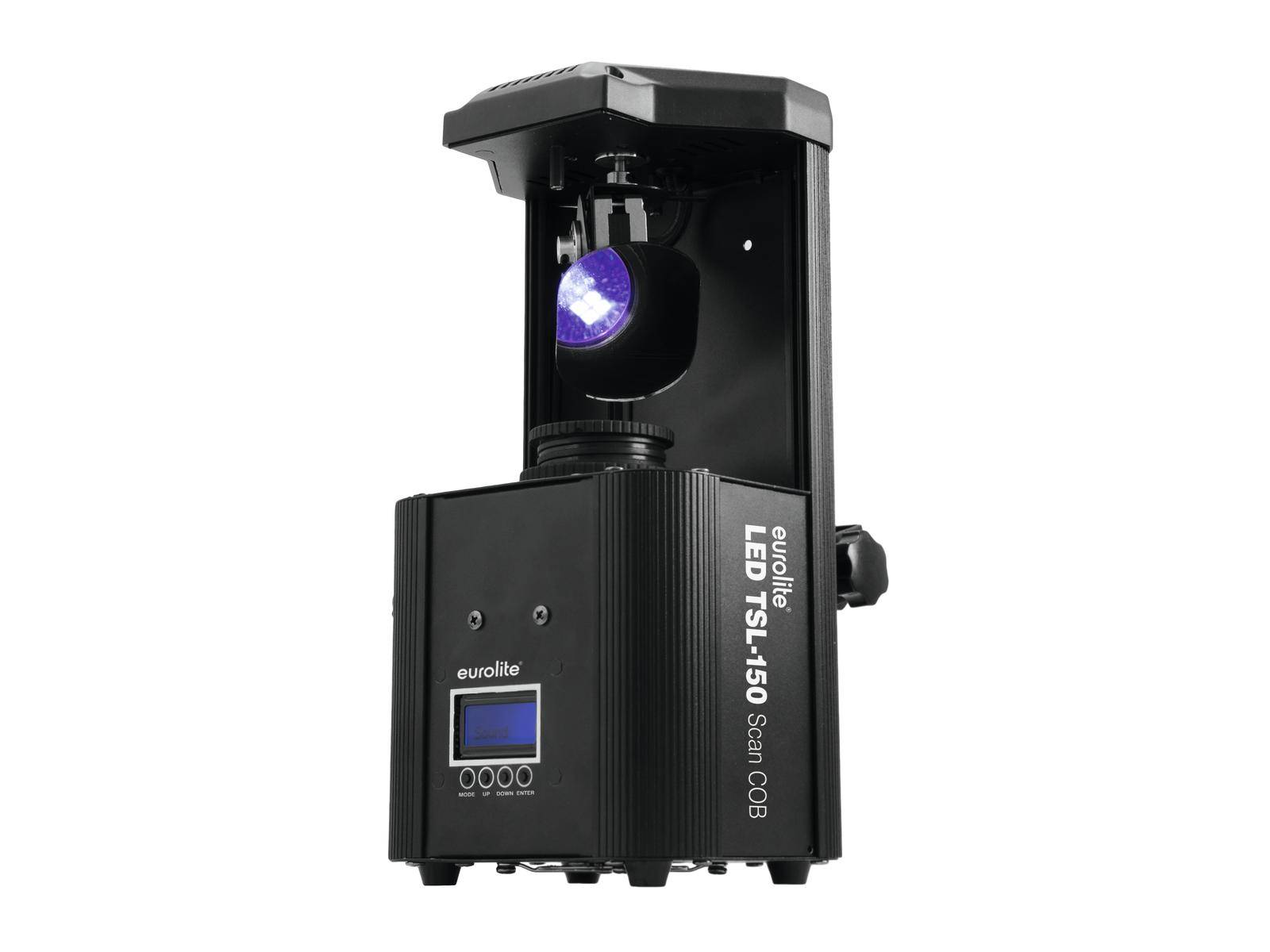 Schwarzer LED-Scanner mit COB-Licht von Eurolite, für Bühnenbeleuchtung. Kompaktes Design mit Display und Bedienelementen an der Vorderseite.