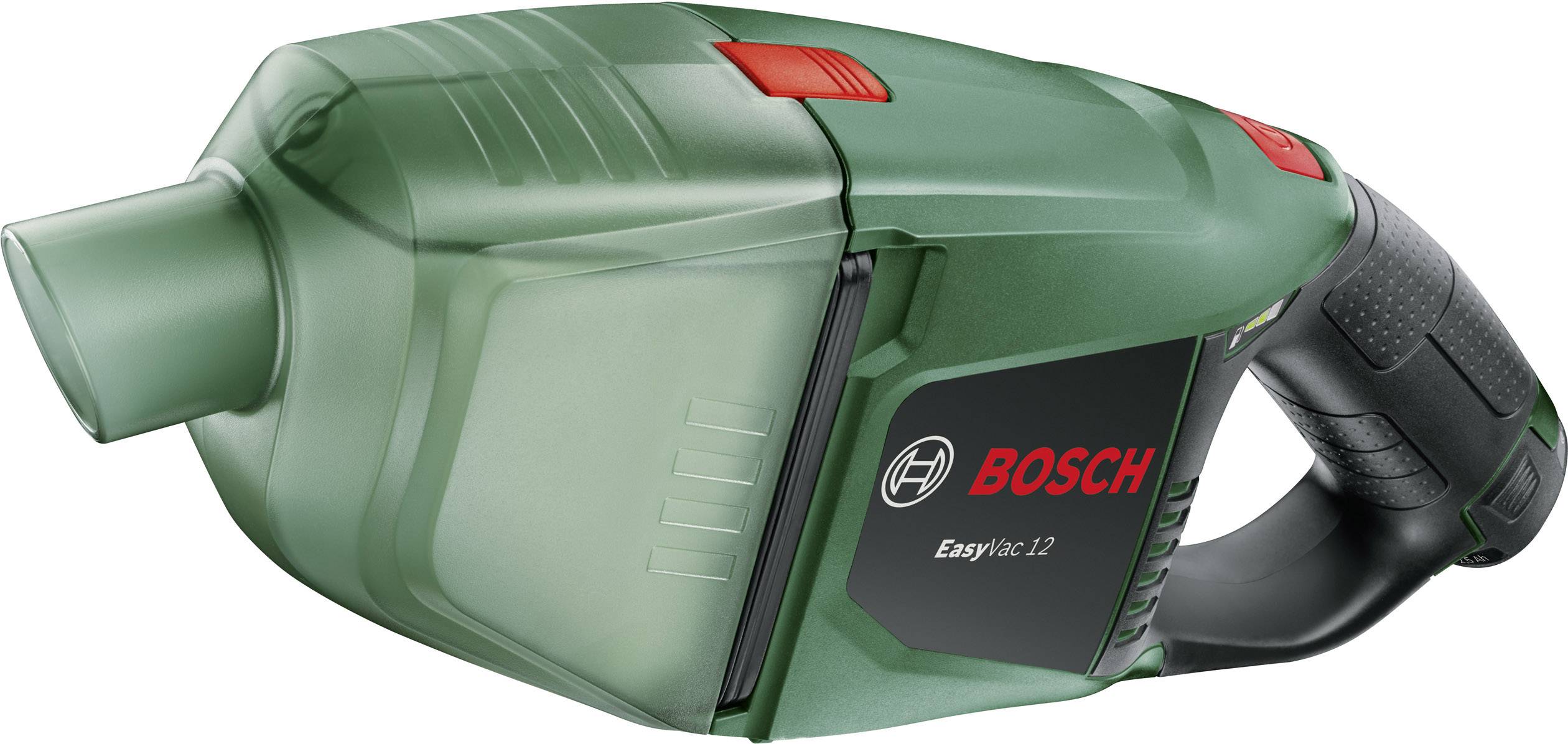 Ein grüner Handstaubsauger von Bosch mit ergonomischem Griff. Auf der Seite steht 'EasyVac 12'.