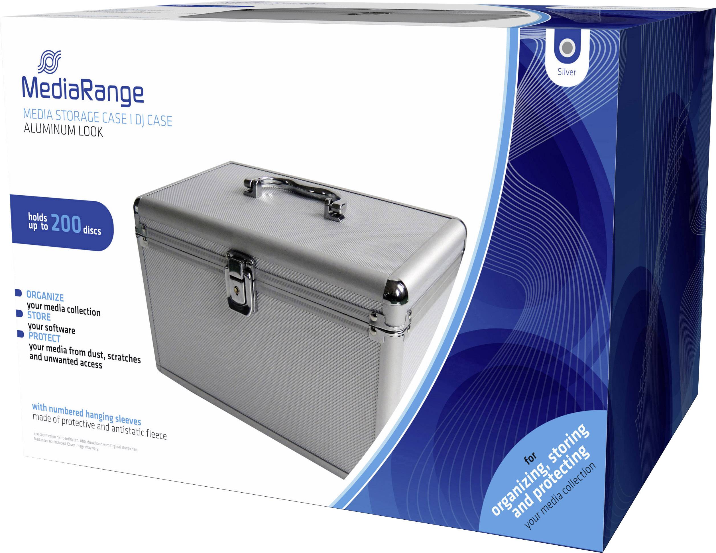 Medienaufbewahrungsbox für bis zu 200 CDs mit Aluminium-Look, Griff und Schloss. Verpackung zeigt Details zur Funktionalität.
