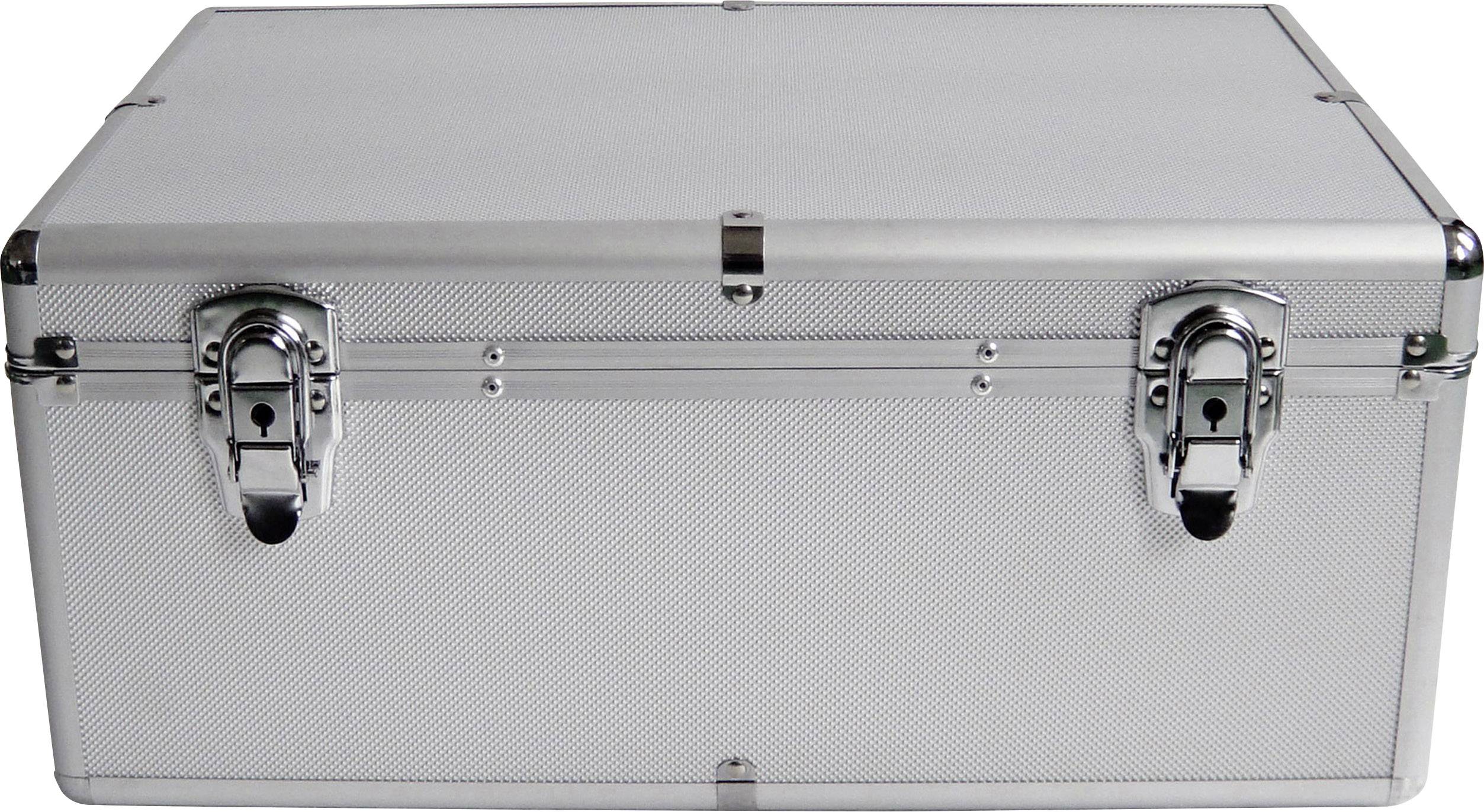 Aluminiumkoffer mit zwei Verschlüssen auf der Vorderseite, rechteckige Form, silberne Farbe. Ideal für Lagerung oder Transport.