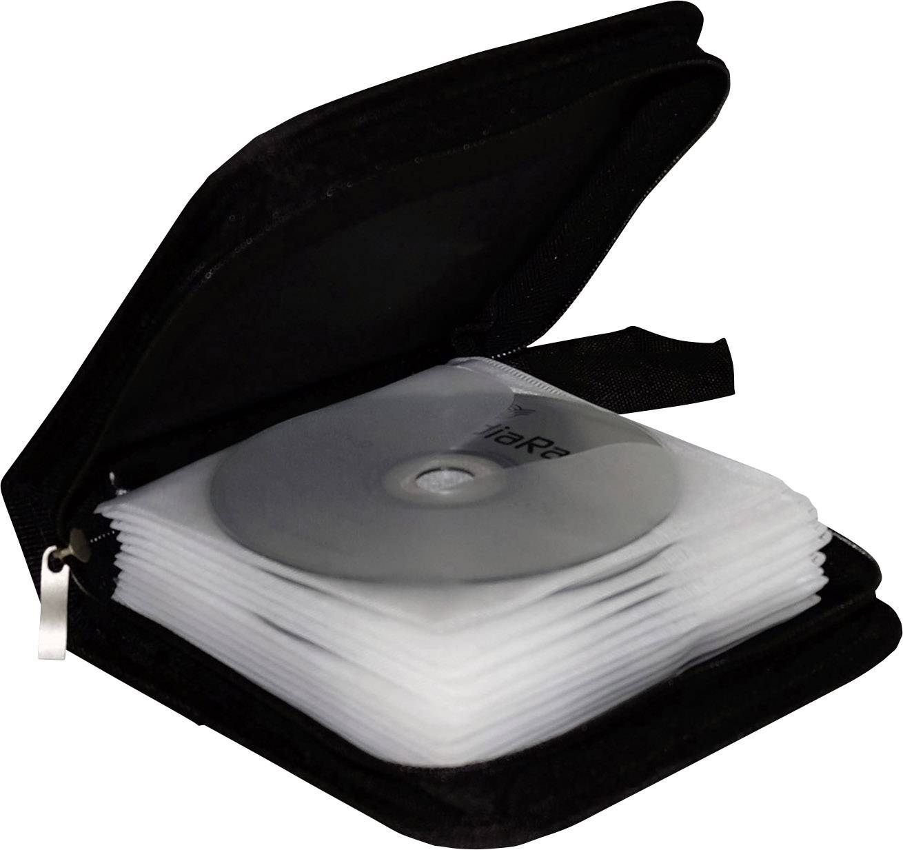 Eine geöffnete schwarze CD-Tasche mit gestapelten CDs in Hüllen, bereit zur Aufbewahrung oder zum Transport.