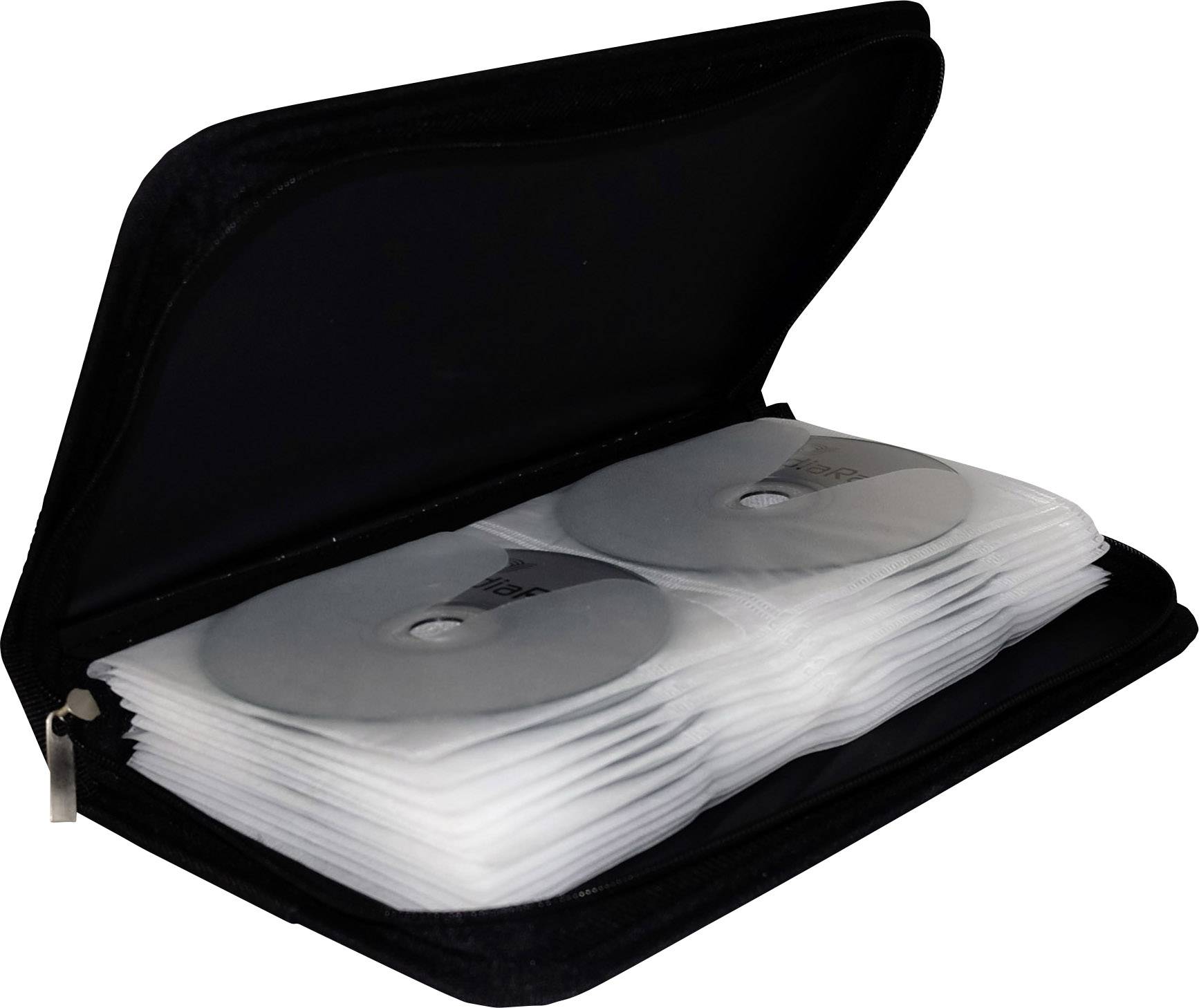 Schwarze CD-Tasche mit Reißverschluss, offen gezeigt. Enthält gestapelte CDs in transparenten Hüllen.