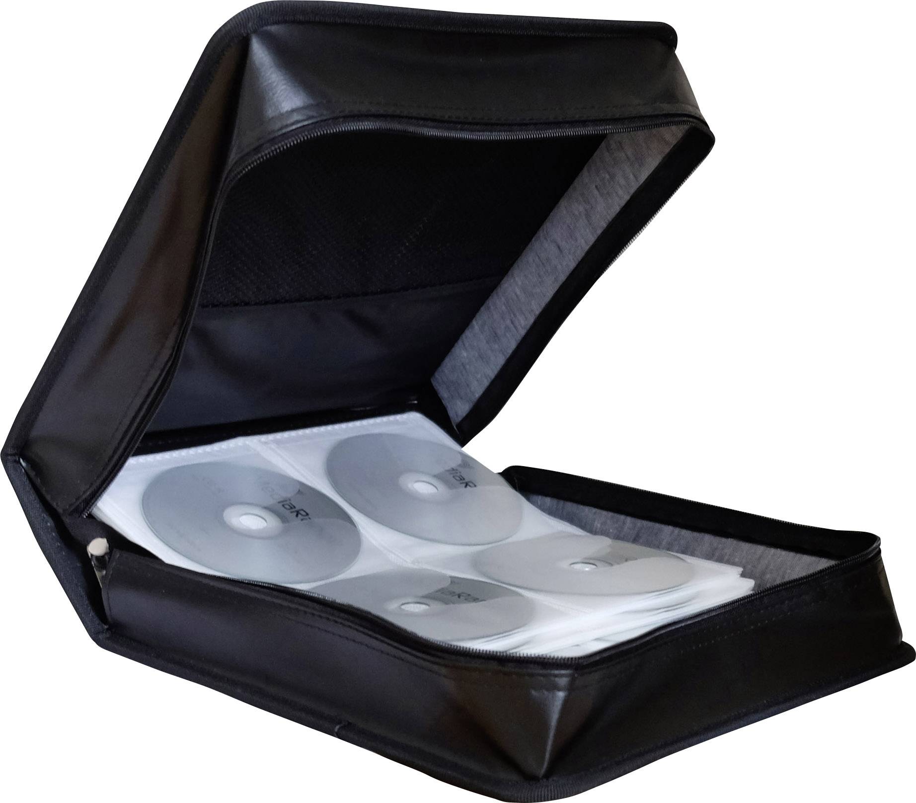 Ein offener schwarzer CD-Organizer zeigt vier CDs in Innenhüllen. Ideal zur übersichtlichen Aufbewahrung von Discs.