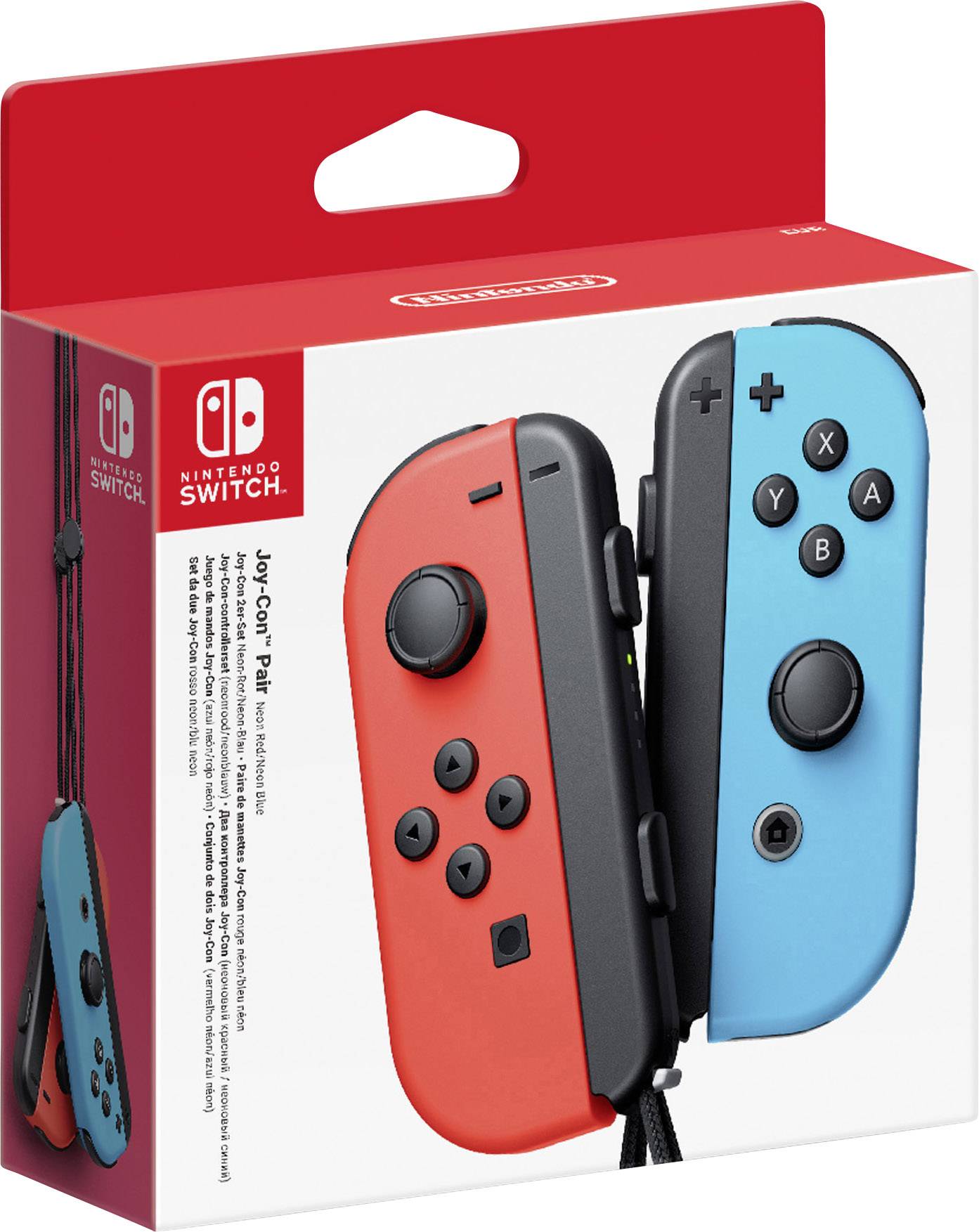 Eine Verpackung mit zwei Joy-Con-Controllern für die Nintendo Switch in Rot und Blau, dargestellt auf Vorderseite der Schachtel.