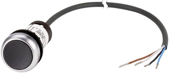 Ein runder Druckknopfschalter mit einem Kabel und abisolierten Enden. Der Schalter hat eine schwarze Oberfläche und eine metallische Umrandung.