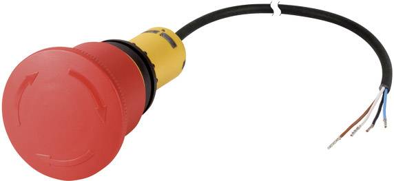 Ein roter Not-Aus-Schalter mit gelbem Gehäuse und schwarzem Kabel, das offene Adern zeigt.