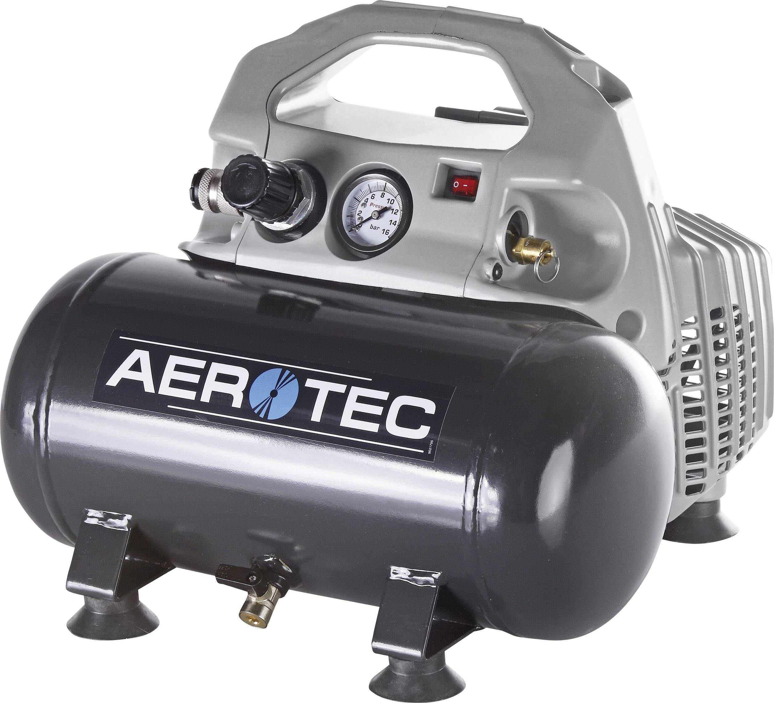 Ein tragbarer Luftkompressor mit Manometer und schwarzem Tank. Das Markenlogo 'AEROTEC' ist auf dem Tank sichtbar.