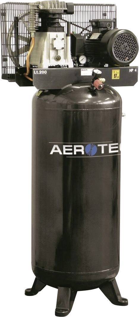 Ein großer schwarzer Kompressor mit der Aufschrift 'Aerotec' auf dem Tank, oben mit Motor und Lüfter ausgestattet.