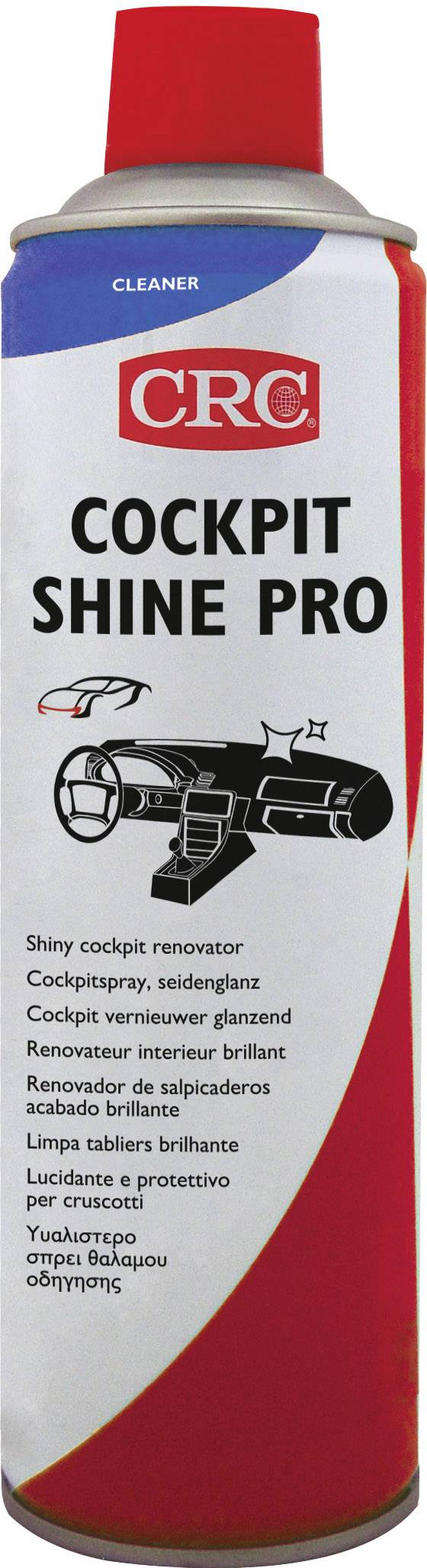 Sprühdose 'CRC Cockpit Shine Pro' mit Abbildung eines Lenkrads. Text in mehreren Sprachen: 'Glänzender Cockpitreiniger und -schoner'.