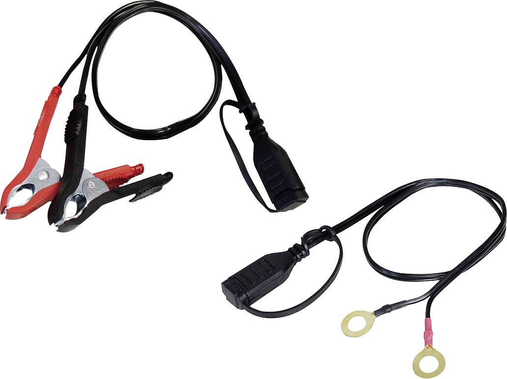 Zwei Kabel mit Steckverbindungen: eines mit Krokodilklemmen in Rot und Schwarz, das andere mit Ringösen.