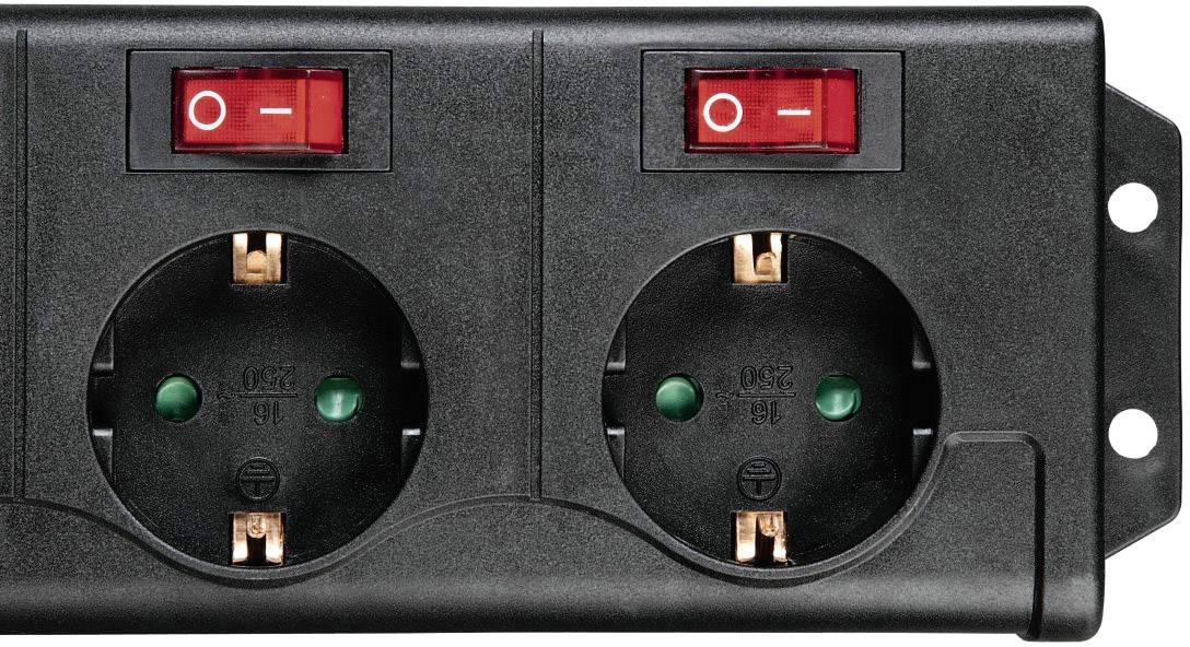 Eine schwarze Doppelsteckdose mit zwei roten Ein/Aus-Schaltern, geeignet für europäische Schukostecker.