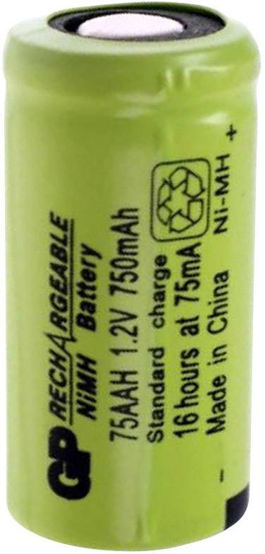 Grüne NiMH-Batterie mit '750mAh 1.2V' und 'Standard Charge 16 hours at 75mA' Aufschrift. Rechteckiges Recycling-Symbol.