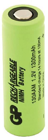 Grüne, wiederaufladbare NiMH-Batterie mit der Aufschrift 'GP Rechargeable, 1300mAh, 1.2V'.