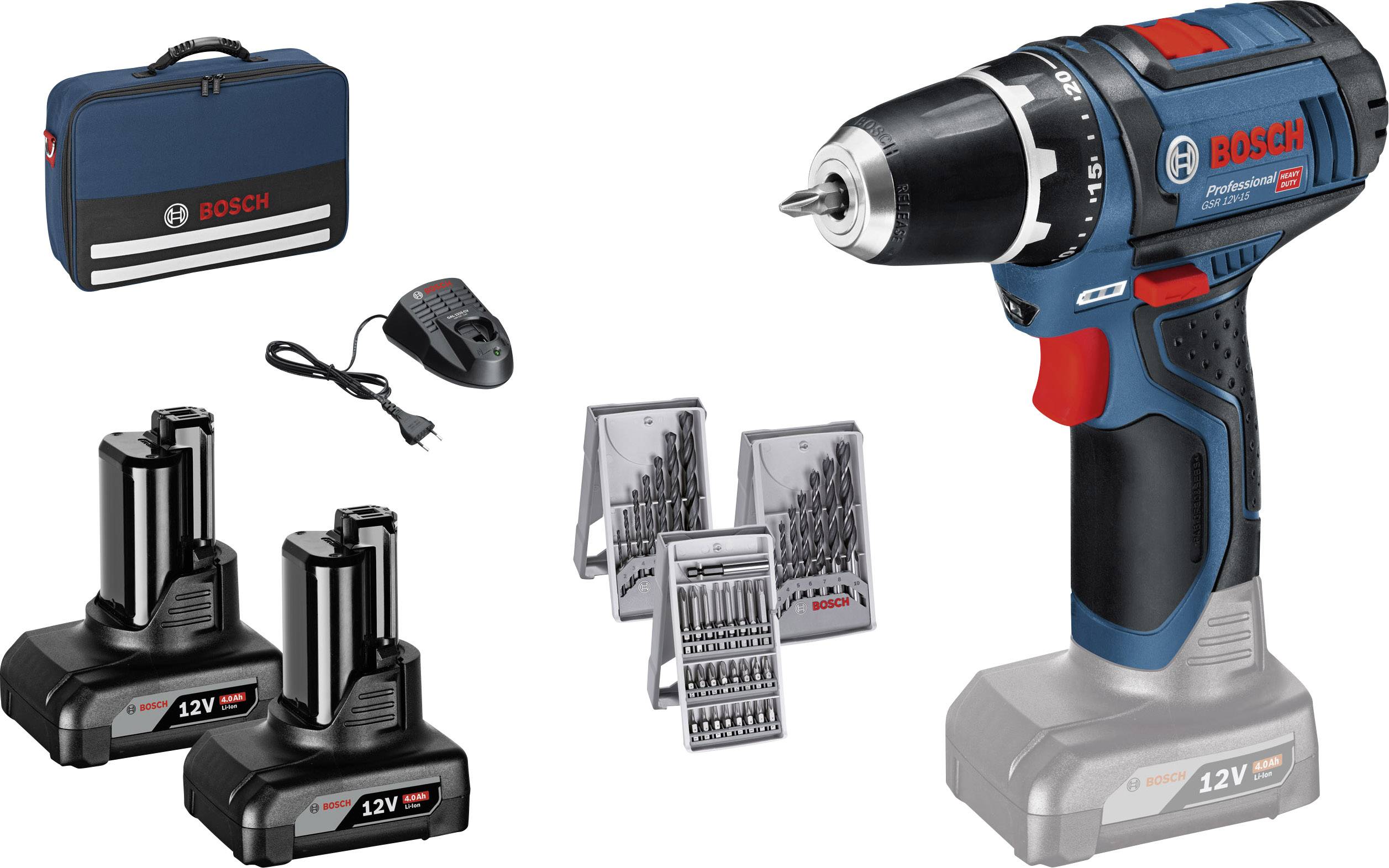 Bosch Professional GSR 12V-15 Akku-Bohrschrauber 12 V 4 Ah Li-Ion inkl. 2. Akku, inkl. Zubehör, ink