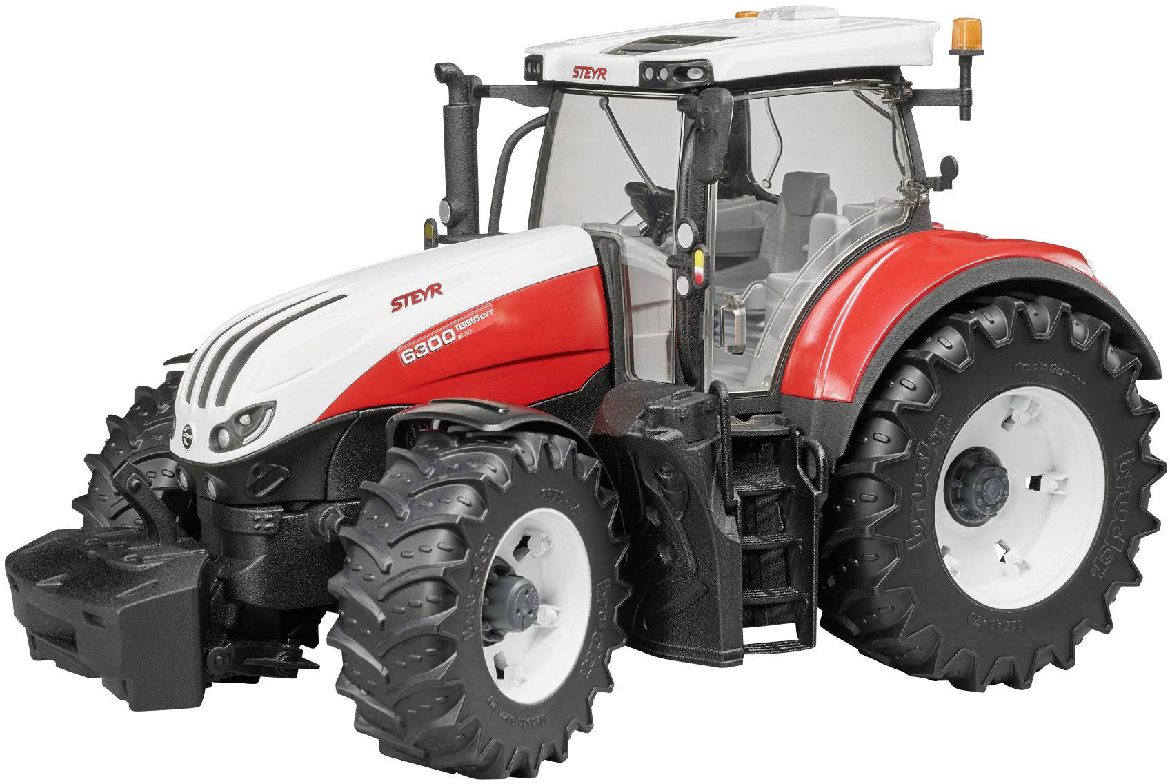 Ein roter Traktor mit großen Reifen und einem weißen Dach steht auf einem neutralen Hintergrund.