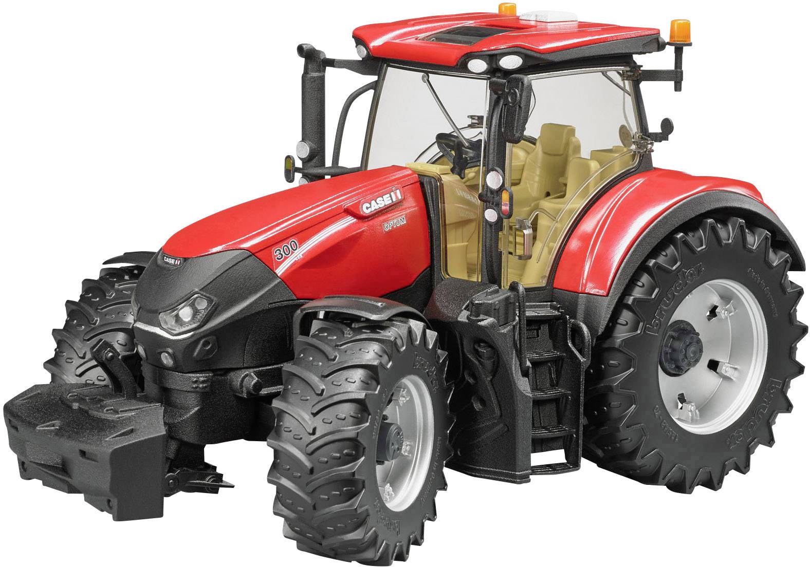 Roter Spielzeugtraktor mit großen Reifen auf hellem Hintergrund, zeigt Modell 'Case IH Optum 300'.