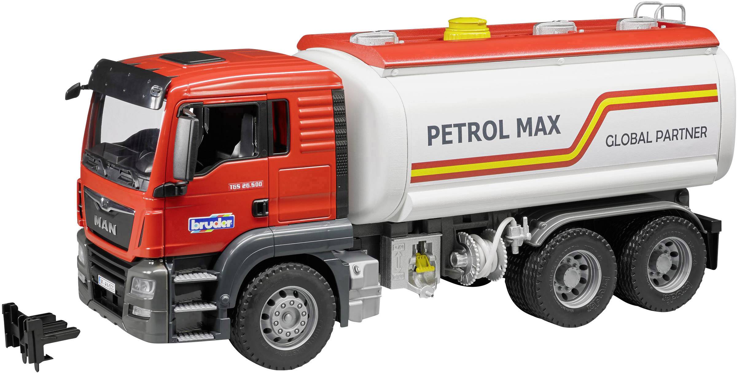 Spielzeugtanklastwagen mit roter Fahrerkabine und weißem Tankaufbau mit Aufschrift 'PETROL MAX Global Partner'.