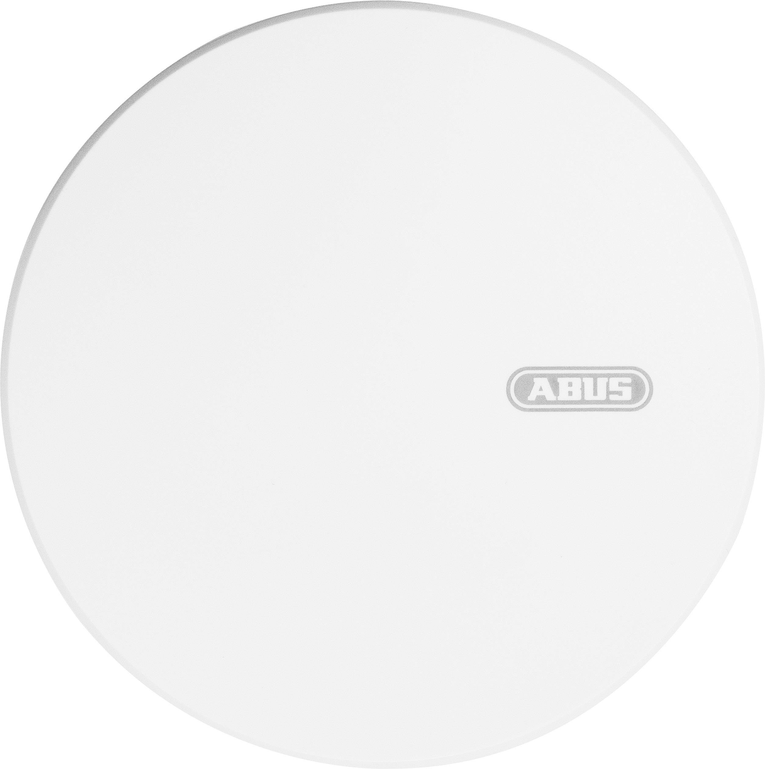 Runder, weißer Gegenstand mit 'ABUS'-Logo in der Mitte, wahrscheinlich ein Teil eines Sicherheitssystems oder Sensors.