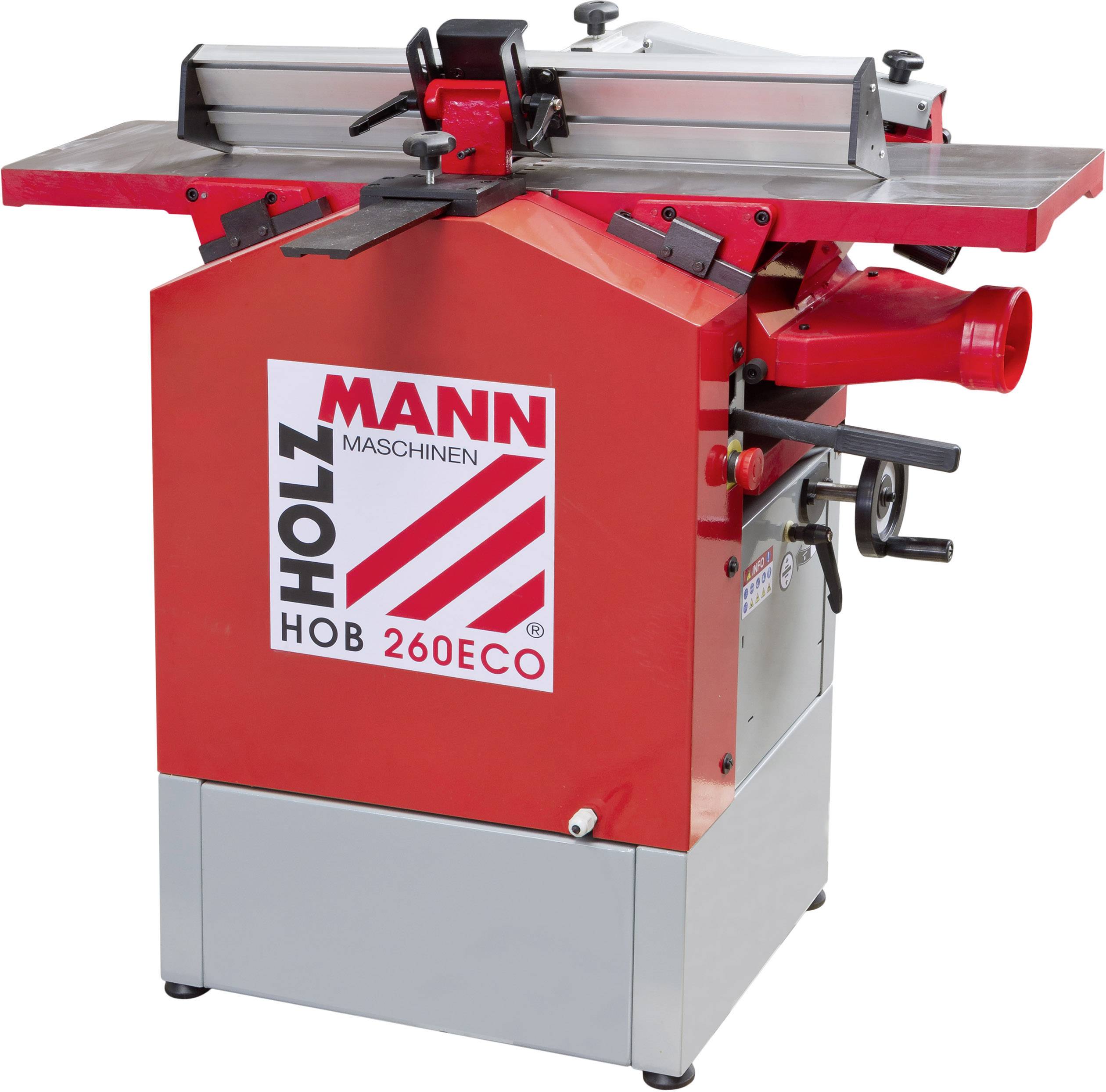Roter und grauer Holzmann Hobelmaschine mit der Aufschrift 'HOLZMANN MASCHINEN HOB 260ECO', geeignet für Holzbearbeitung.