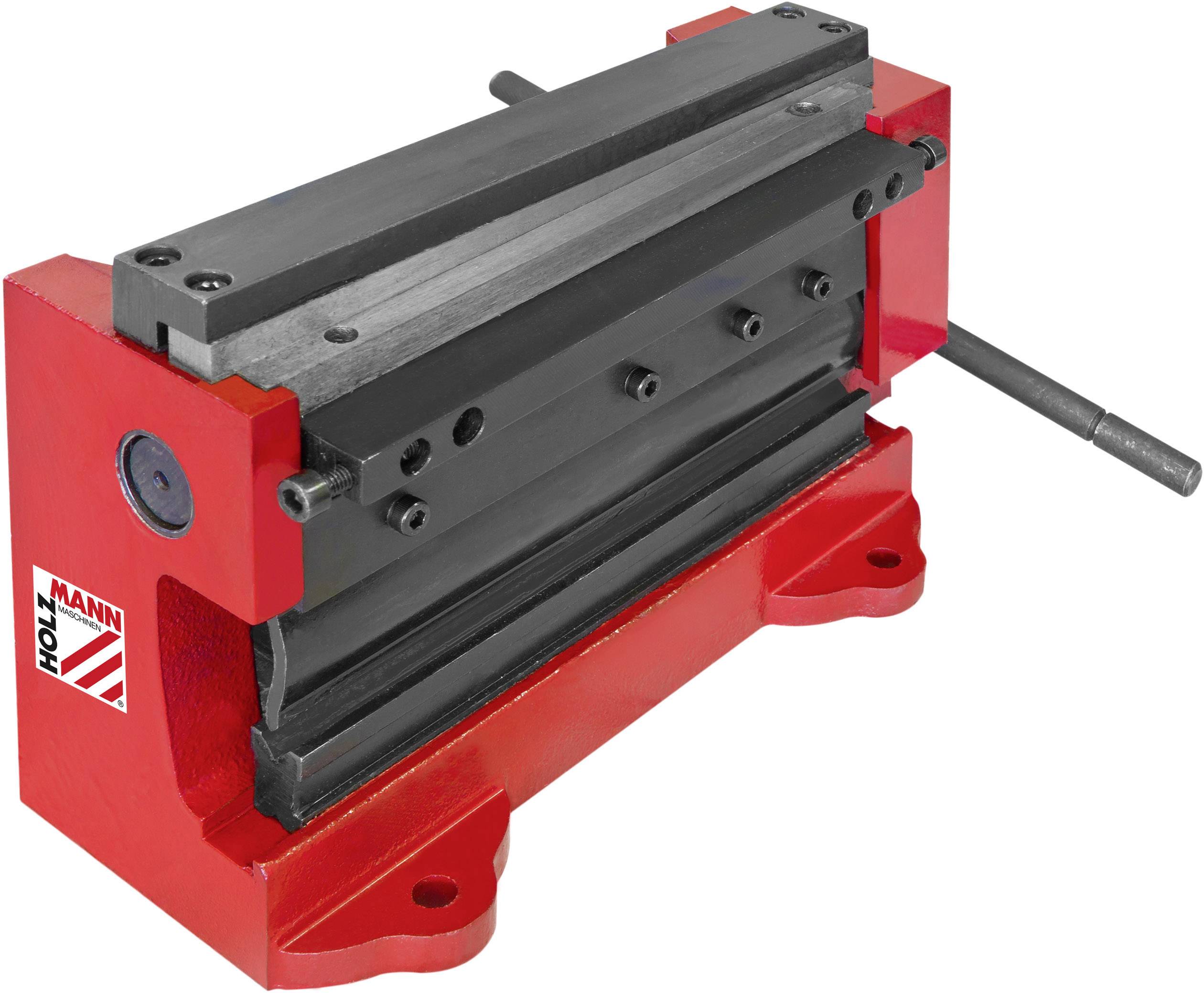 Ein roter Blechbieger mit schwarzer Biegewalze, verwendet zum Formen von Metallblechen in Werkstätten oder industriellen Umgebungen.