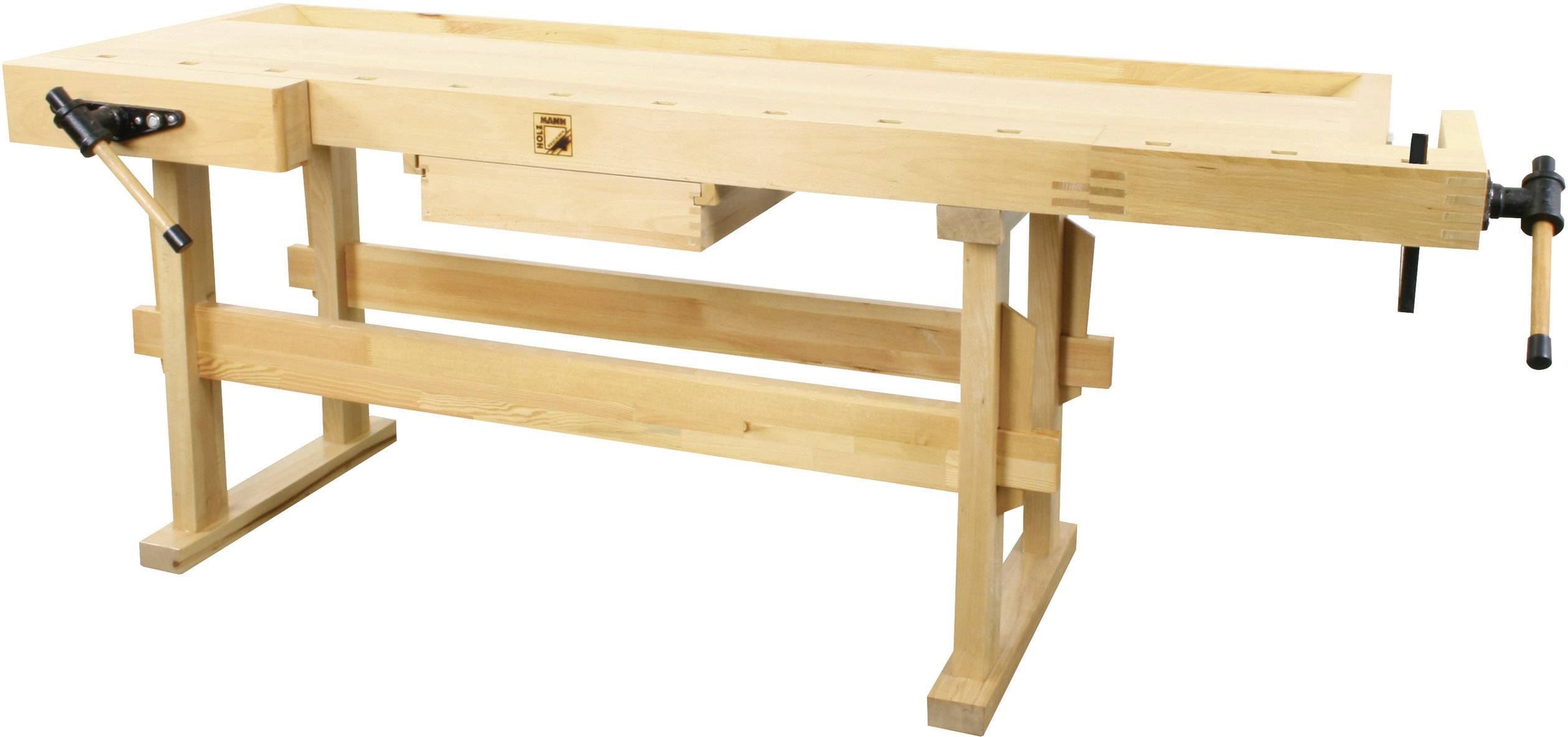 Eine robuste Holzwerkbank mit Spannvorrichtungen an beiden Enden, geeignet für Holzarbeiten und Werkstattprojekte.