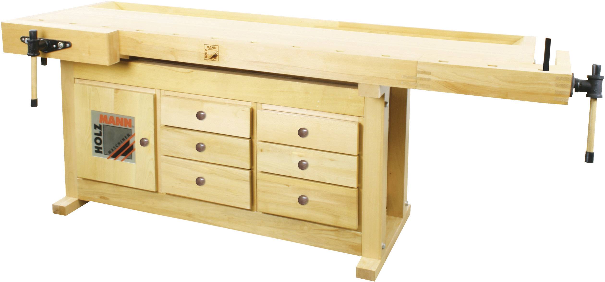 Holz-Werkbank mit sechs Schubladen und zwei seitlichen Spannvorrichtungen. Rechteckige Form und robuste Bauweise.