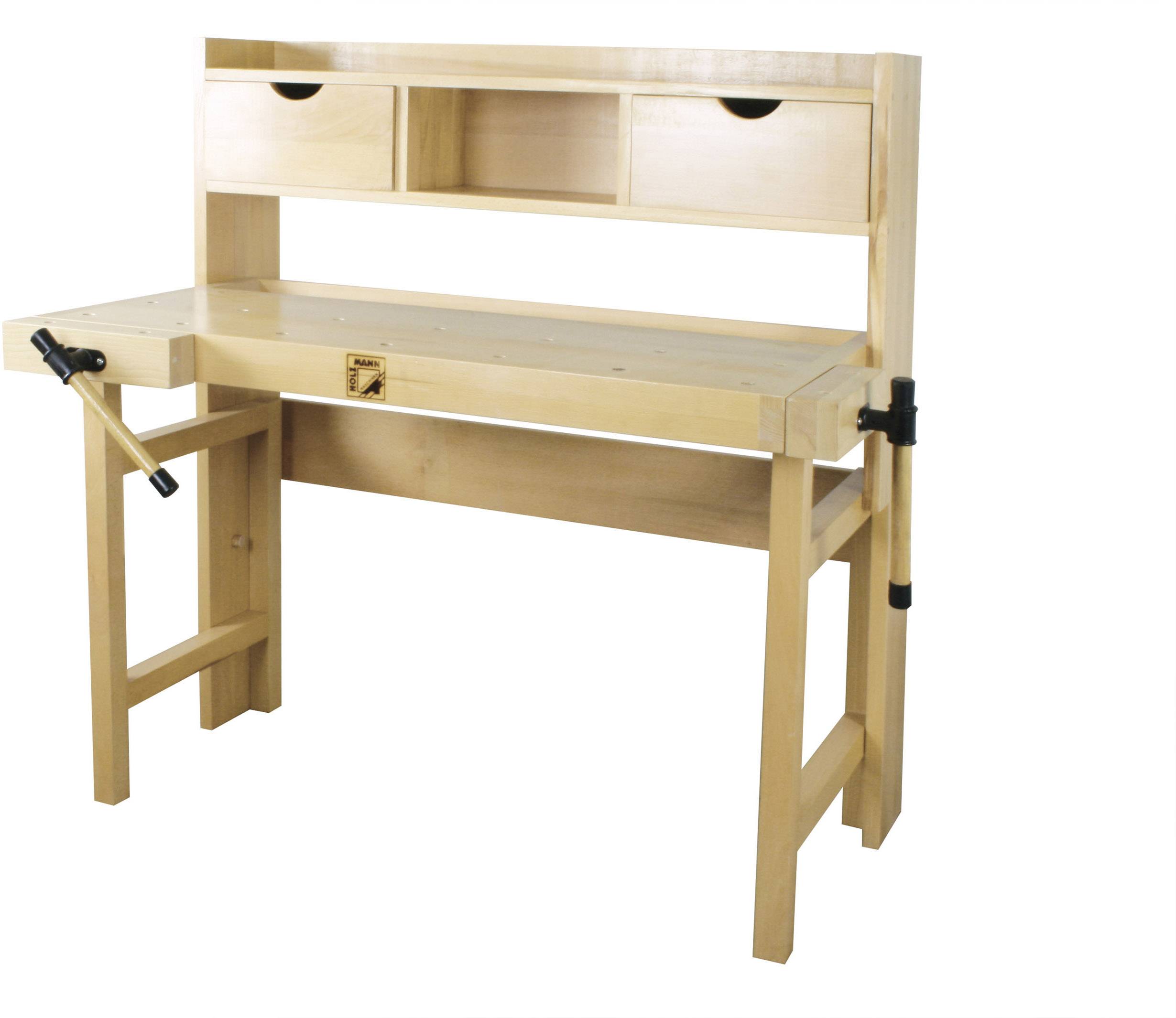 Eine helle Holzweltischbank mit zwei Schubladen und Schraubzwingen an den Seiten, geeignet für handwerkliche Arbeiten.