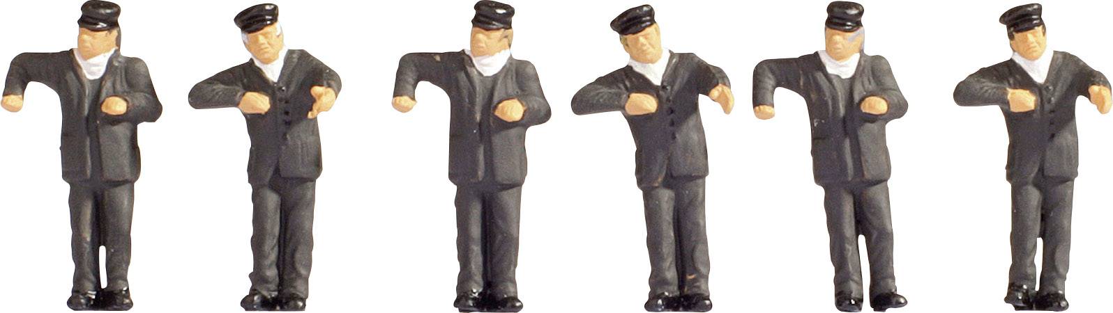 Sechs Figurinen in Uniformen zeigen verschiedene Tanzposen. Alle tragen schwarze Hüte und Anzüge mit weißen Hemden.