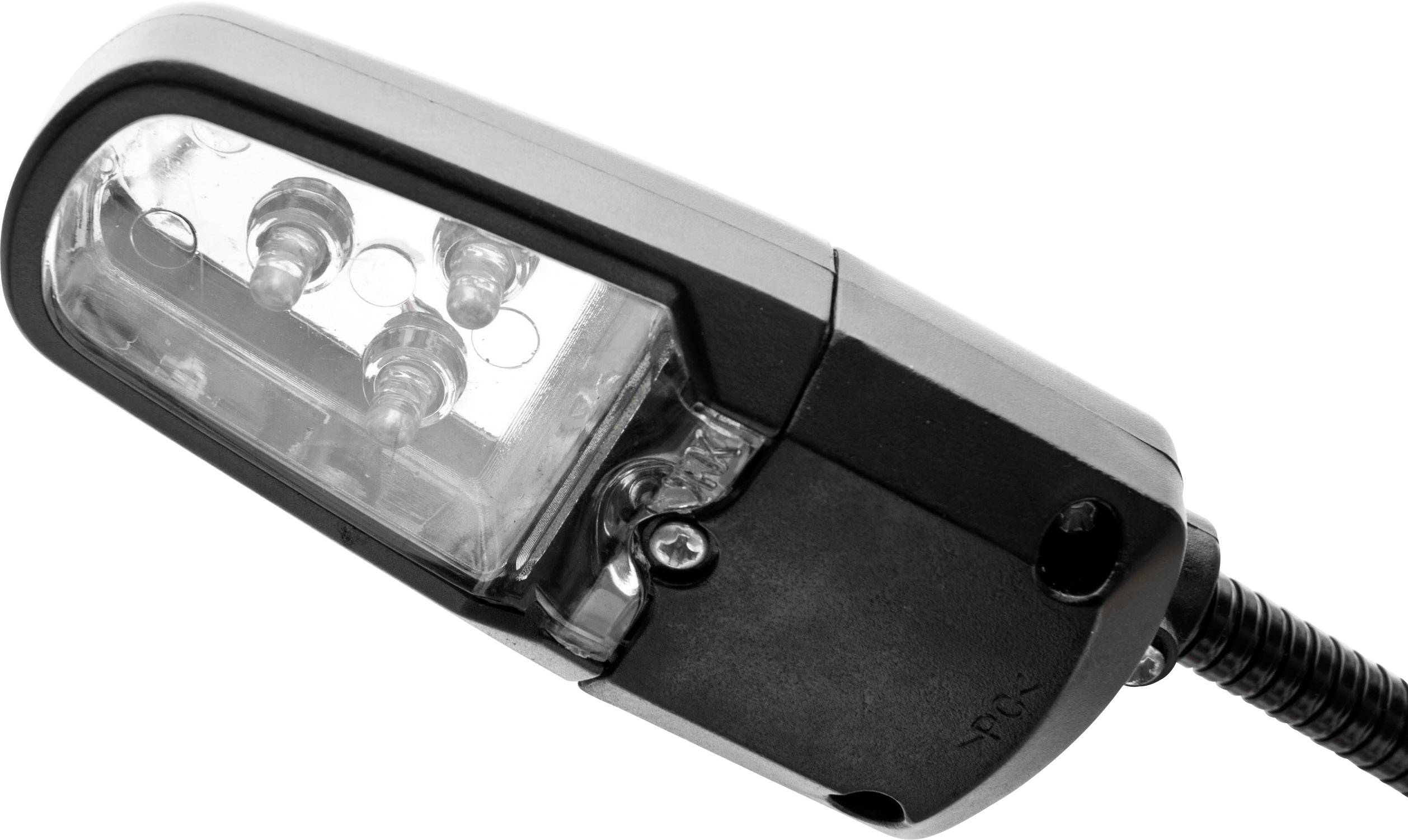 Ein schwarzer Fahrrad-Frontscheinwerfer mit integriertem Reflektor und vier LED-Lichtern, montiert an einem Kabel.